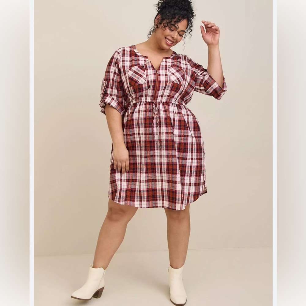 Torrid Adorable Plaid Zip Front Seer Sucker Mini Shirt Dress 00 size 10/12